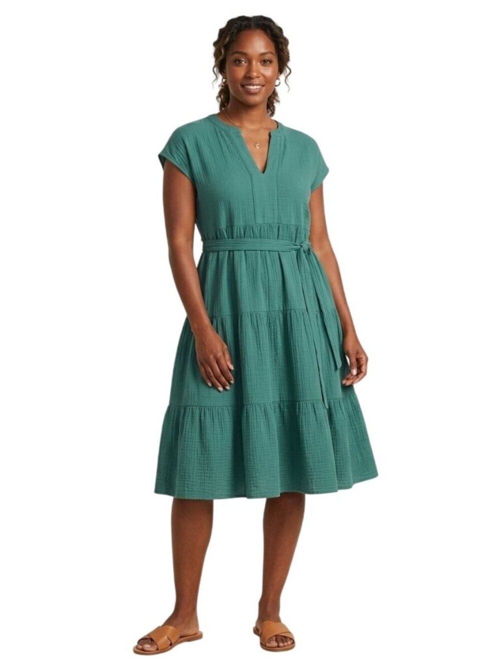 Calvin Klein Tiered Dress Size 2 Green Textured Midi V neck Short Cap Sleeves